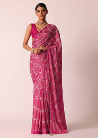 Pink Bandhani Saree With Gota Detail And Unstitched Blouse Piece