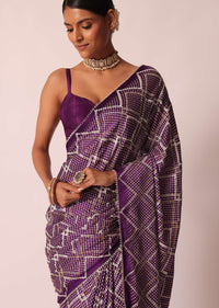 Purple Silk Bandhani Print Saree With Gota Embroidery And Unstitched Blouse Piece