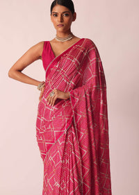 Red Bandhani Print Saree With Gota Patti And Unstitched Blouse Piece