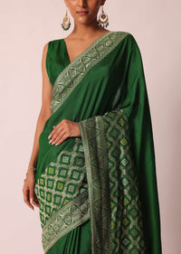 Green Woven Silk Saree With Bandhani Detail And Unstitched Blouse Piece