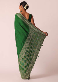 Green Woven Silk Saree With Bandhani Detail And Unstitched Blouse Piece