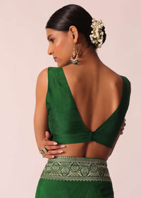 Green Woven Silk Saree With Bandhani Detail And Unstitched Blouse Piece