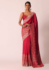 Red Silk Woven Saree With Bandhani Detail And Unstitched Blouse Piece