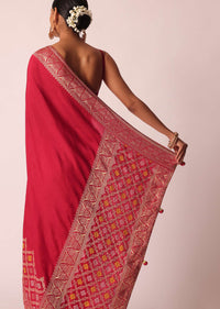 Red Silk Woven Saree With Bandhani Detail And Unstitched Blouse Piece