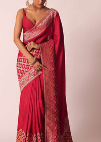 Red Silk Woven Saree With Bandhani Detail And Unstitched Blouse Piece