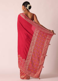 Red Silk Woven Saree With Bandhani Detail And Unstitched Blouse Piece