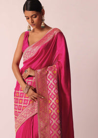 Rani Pink Silk Saree With Bandhani Detail And Unstitched Blouse Piece