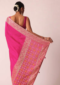 Rani Pink Silk Saree With Bandhani Detail And Unstitched Blouse Piece