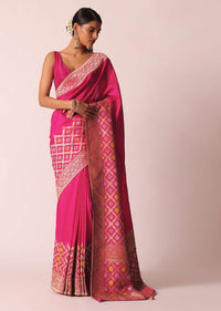 Rani Pink Silk Saree With Bandhani Detail And Unstitched Blouse Piece