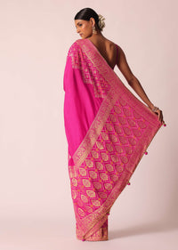 Pink Woven Saree In Silk With Bandhani Motifs And Unstitched Blouse Piece