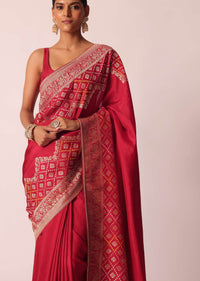 Red Bandhani Weave Saree In Silk With Unstitched Blouse Piece