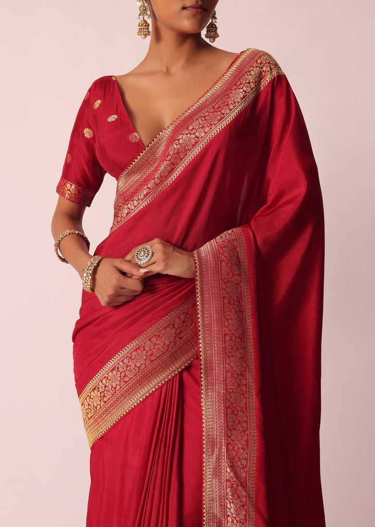 Red Bandhani Silk Woven Saree With Unstitched Blouse Piece