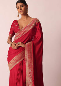 Red Bandhani Silk Woven Saree With Unstitched Blouse Piece