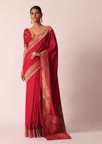 Red Bandhani Silk Woven Saree With Unstitched Blouse Piece