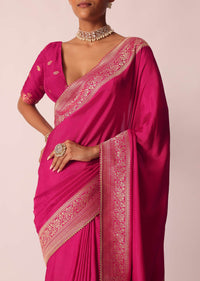 Rani Pink Woven Saree In Silk with Bandhani Detail And Unstitched Blouse Piece