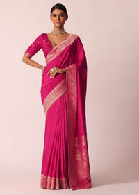 Rani Pink Woven Saree In Silk with Bandhani Detail And Unstitched Blouse Piece