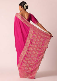 Rani Pink Woven Saree In Silk with Bandhani Detail And Unstitched Blouse Piece