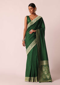 Green Saree In Silk With Woven Bandhani Detail And Unstitched Blouse Piece