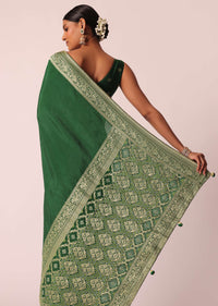 Green Saree In Silk With Woven Bandhani Detail And Unstitched Blouse Piece