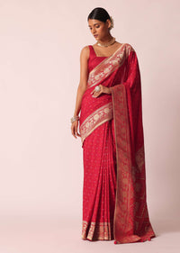 Red Bandhani Saree With Weave Detail And Unstitched Blouse Piece