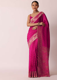 Rani Pink Banarasi Saree With Bandhani Buttis And Unstitched Blouse Piece