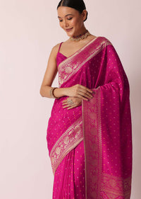 Rani Pink Banarasi Saree With Bandhani Buttis And Unstitched Blouse Piece