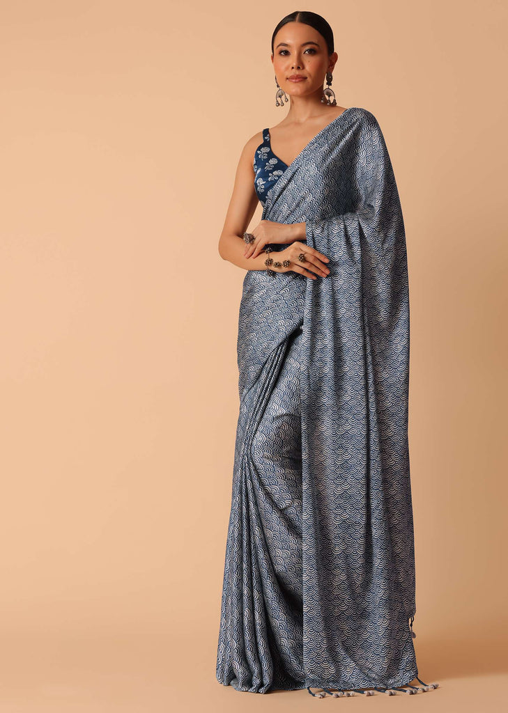 Blue Printed Saree With Tassel Pallu And Unstitched Blouse Piece