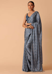 Blue Printed Saree With Tassel Pallu And Unstitched Blouse Piece