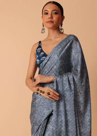 Blue Printed Saree With Tassel Pallu And Unstitched Blouse Piece