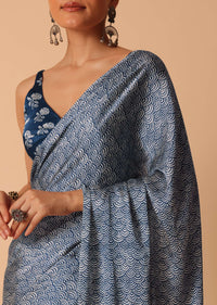 Blue Printed Saree With Tassel Pallu And Unstitched Blouse Piece