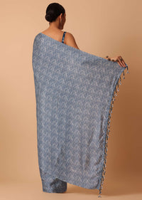 Blue Printed Saree With Tassel Pallu And Unstitched Blouse Piece