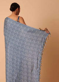 Blue Printed Saree With Tassel Pallu And Unstitched Blouse Piece