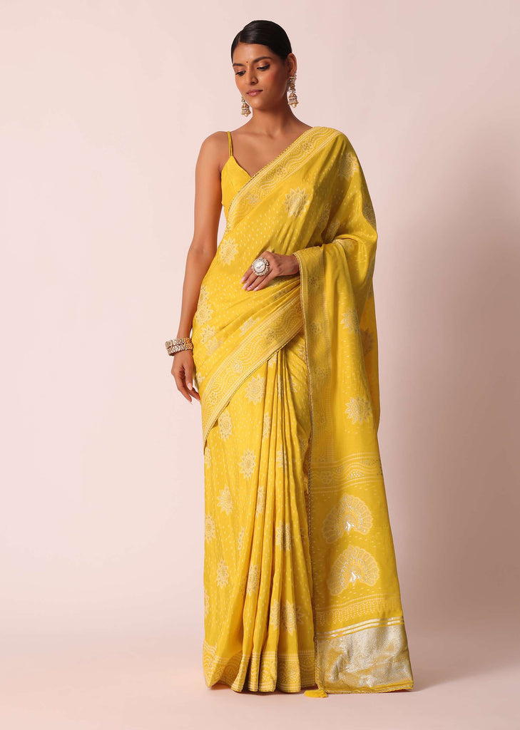 Mustard Yellow Banarasi Bandhani Saree With Zari Work And Unstitched Blouse Piece