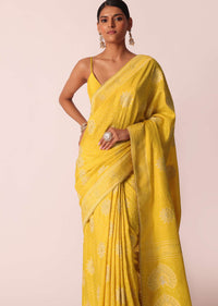 Mustard Yellow Banarasi Bandhani Saree With Zari Work And Unstitched Blouse Piece