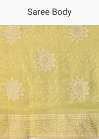 Green Bandhani Saree With Banarasi Detail And Unstitched Blouse Piece