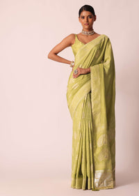 Green Bandhani Saree With Banarasi Detail And Unstitched Blouse Piece