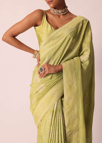 Green Bandhani Saree With Banarasi Detail And Unstitched Blouse Piece