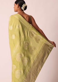 Green Bandhani Saree With Banarasi Detail And Unstitched Blouse Piece