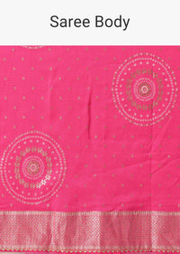 Pink Bandhani Saree With Woven Motifs And Unstitched Blouse Piece