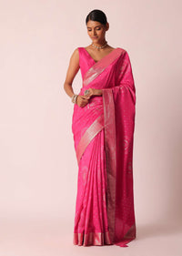 Pink Bandhani Saree With Woven Motifs And Unstitched Blouse Piece