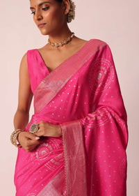 Pink Bandhani Saree With Woven Motifs And Unstitched Blouse Piece