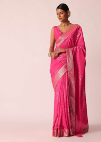 Pink Bandhani Saree With Woven Motifs And Unstitched Blouse Piece