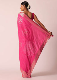 Pink Bandhani Saree With Woven Motifs And Unstitched Blouse Piece