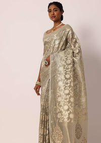 Grey Kora Silk Tissue Saree With Zari Jaal Floral Weave And Unstitched Blouse Piece