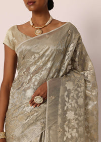 Grey Kora Silk Tissue Saree With Zari Jaal Floral Weave And Unstitched Blouse Piece