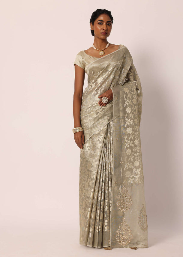 Grey Kora Silk Tissue Saree With Zari Jaal Floral Weave And Unstitched Blouse Piece