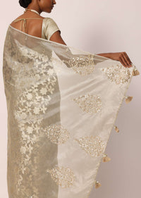 Grey Kora Silk Tissue Saree With Zari Jaal Floral Weave And Unstitched Blouse Piece