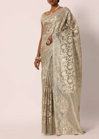 Grey Kora Silk Tissue Saree With Zari Jaal Floral Weave And Unstitched Blouse Piece