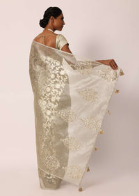 Grey Kora Silk Tissue Saree With Zari Jaal Floral Weave And Unstitched Blouse Piece