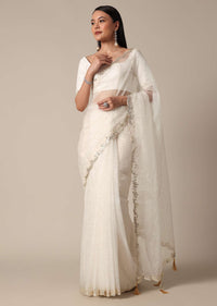 Elegant White Saree with Mirror Scallop Border